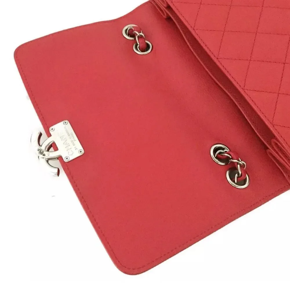 Auth Chanel Tramezzo Box Flap Double CC Logo Calfskin Chain Shoulder Bag Red - Picture 9 of 11